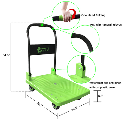 Carrello con piattaforma pieghevole SILENT a una mano, 180 kg, ponte in polipropilene